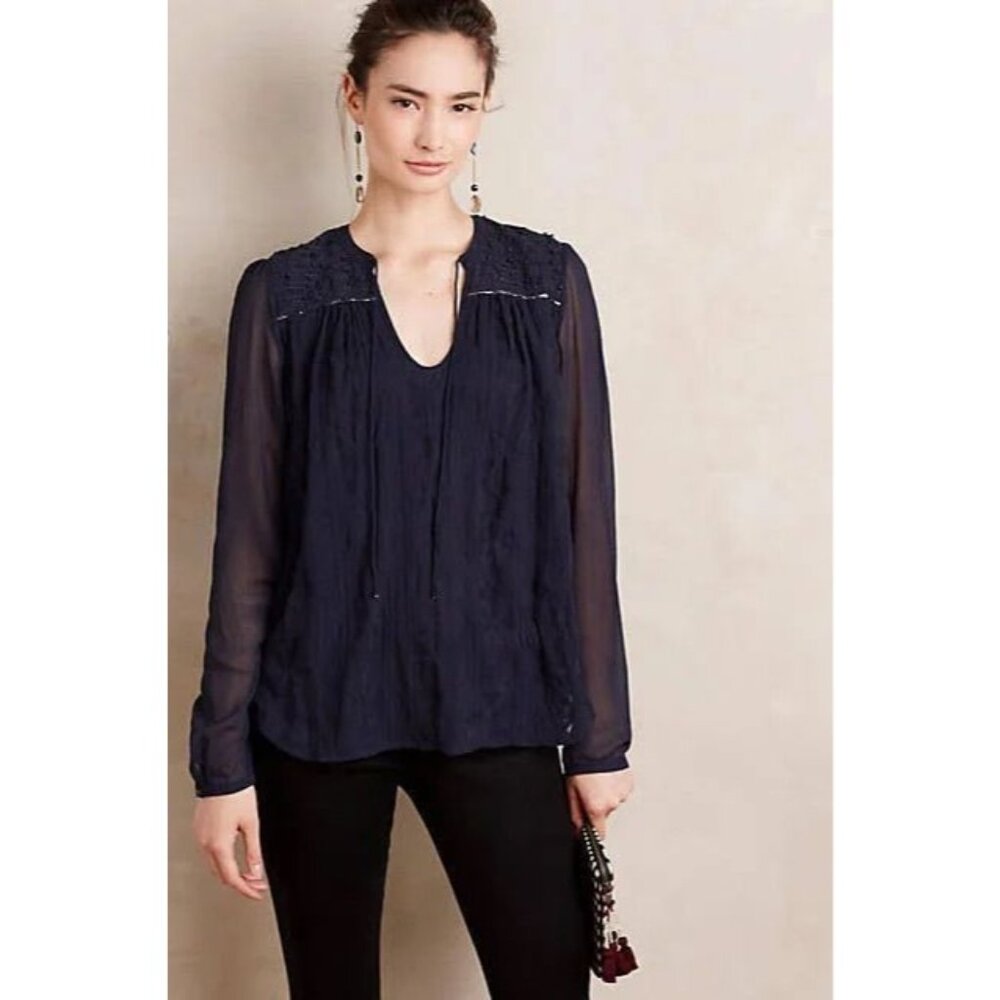 TINY Anthropologie women's small navy blue split neck embroidered‎ blouse top